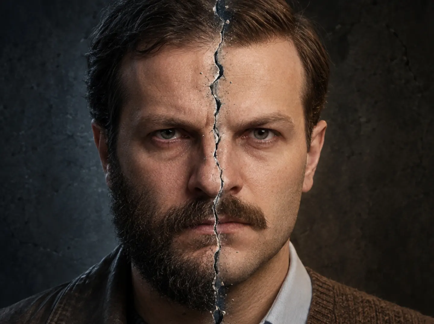 Concept art: Hakob's face split by a crack, the 1988 and 1994 versions of one man